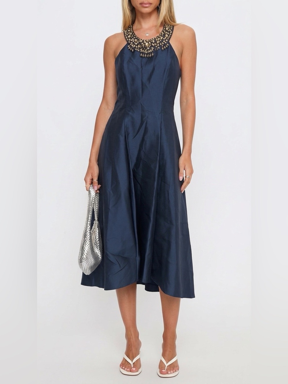 Mac Duggal Navy Halter Satin Midi Dress with Embellished Neckline